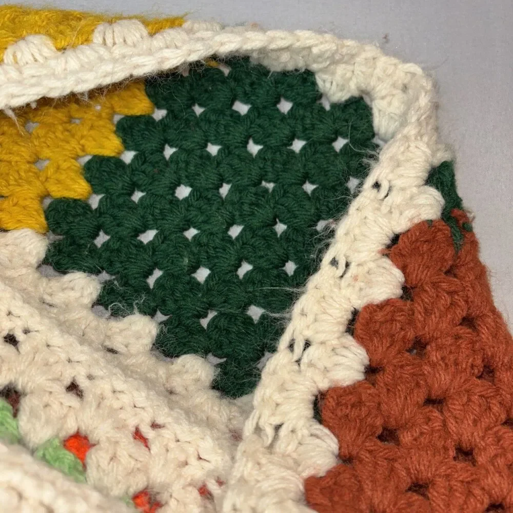 VTG Hand Crocheted Granny Square Sofa Throw Roseanne Style White Trim 76”x45”
